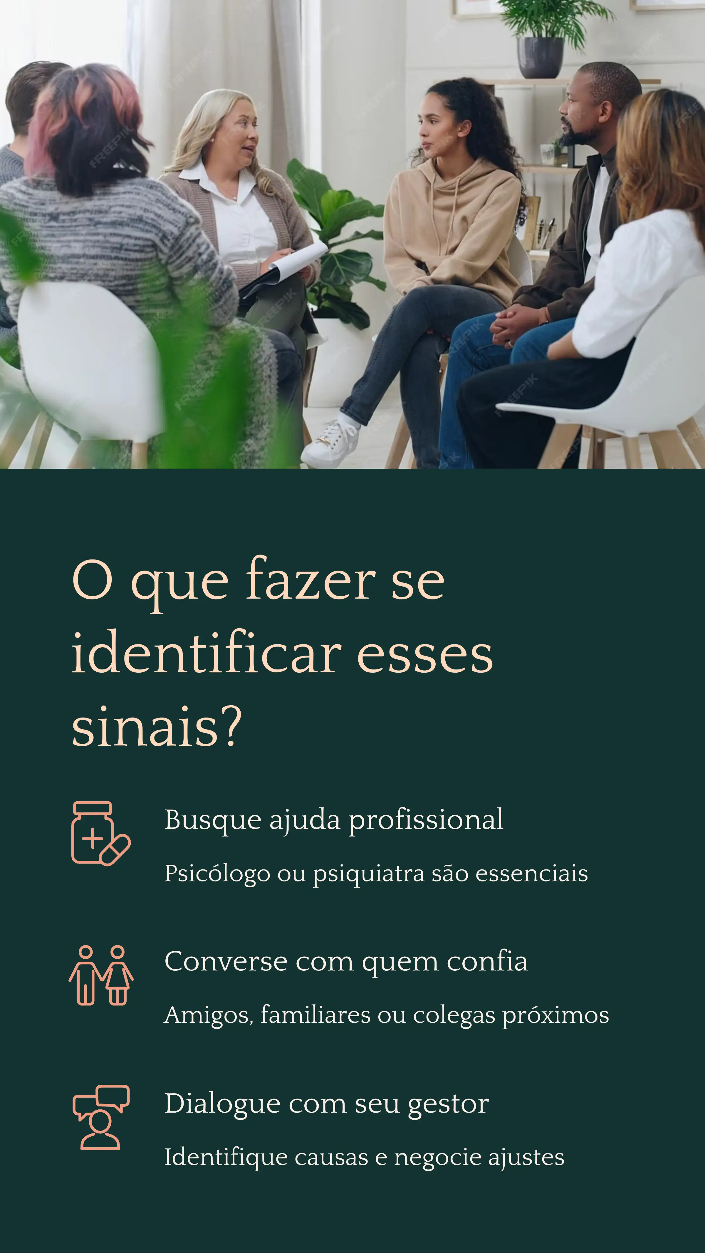 Ilustração sobre os primeiros passos a tomar após identificar sinais de burnout